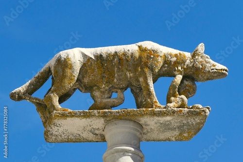 La statue de la louve allaitant Romulus et Rémus devant la cathédrale Santa Maria Assunta à Sienne 