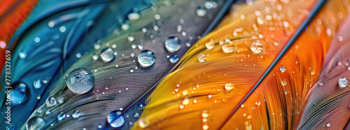 Colorful feathers with water droplets on them, in a closeup, macro style photograph