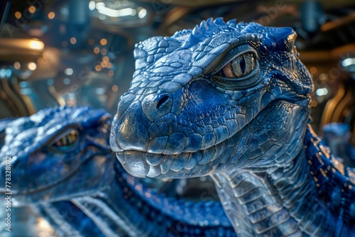 Blue Realistic Dinosaurs with Detailed Scales in a Metallic Environment for Fantasy Concepts