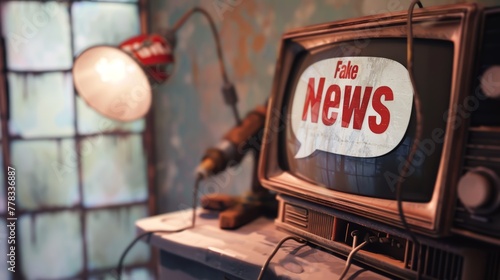 Vintage television displaying fake news sign. Retro broadcast concept with modern message for design and art