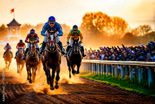 Horse race. Kentucky Derby. Breeders Cup Classic. Prix de L’Arc de Triomphe. Fuchu Racecourse. Zarzuela Racecourse. AI Generated