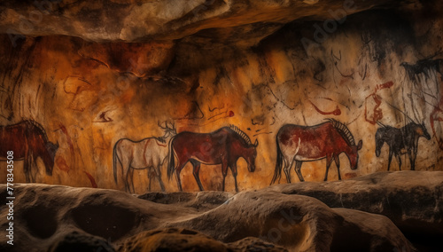 Ancient cave mural portraying prehistoric wildlife