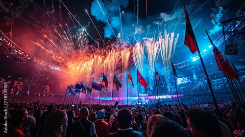 Firework display lights up the night sky over a jubilant crowd at an Olympic stadium celebration