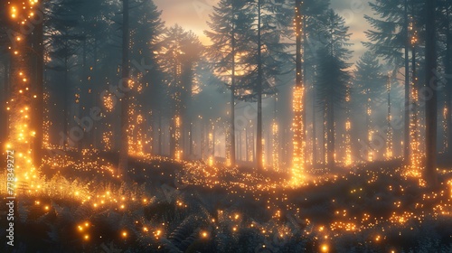 A conceptual image depicting a forest of genetically engineered trees with glowing leaves, powered by integrated bioluminescent and photovoltaic cells.