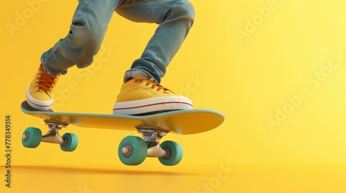 Cartoon illustration showing cartoon character legs and skateboard on yellow background, extreme freestyle skateboarding trick, illustration of an active lifestyle with sport