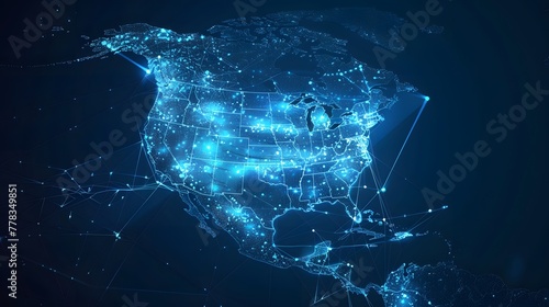 Abstract digital blue outline of North America on a dark background.