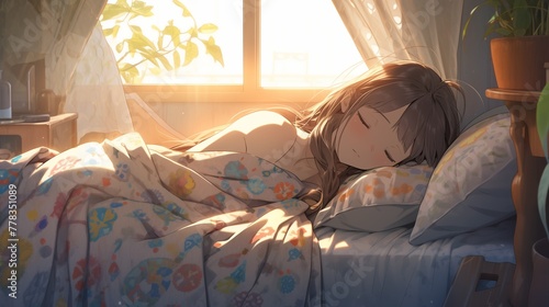 Anime girl napping on a messy bed, lo-fi chill music vibe, soft afternoon sunlight filtering through curtains