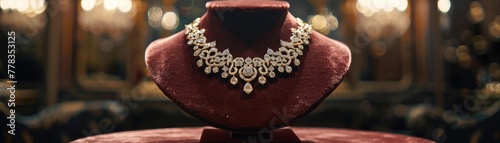 A lavish gold and diamond necklace on a velvet pedestal epitomizing luxury jewelry design