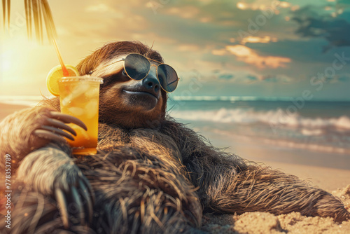 Laid-back sloth in sunglasses enjoying a tropical beach vacation with a cool drink
