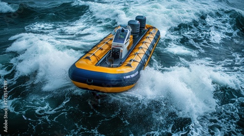 Inflatable Boat on Turbulent Water, yellow and blue rescue watercraft is navigating the tumultuous