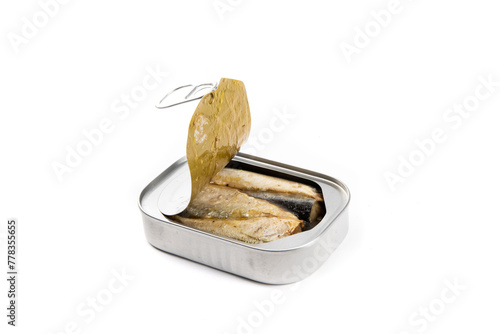 An opened can of sardines with a ring pull top isolated on white no label