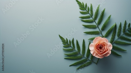 Pink rose and fern leaves on blue background, botanical, still life, pastel colors, soft light