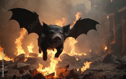 A pig with bat wings flies in front of a fiery backdrop