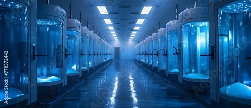 Futuristic Cryogenic Facility: Hi-Tech Freezing Vaults. Concept Sci-Fi Design, Advanced Technology, Cryogenic Preservation, Futuristic Facility, Hi-Tech Freezing Vaults