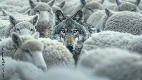 A wolf in sheep's clothing. Dangerous predator pretends to be an innocent animal. The concept of duplicity. Predatory wild cunning wolf personification of the false prophet.