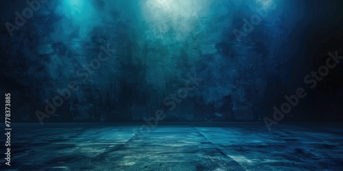 A dark, ominous room with a textured floor and walls, bathed in a blue mist creating a suspenseful and enigmatic scene.