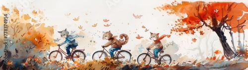 Cats in a watercolor bicycle race pedaling through a picturesque countryside