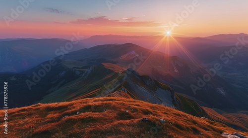 view from the top of the mountain at sunset