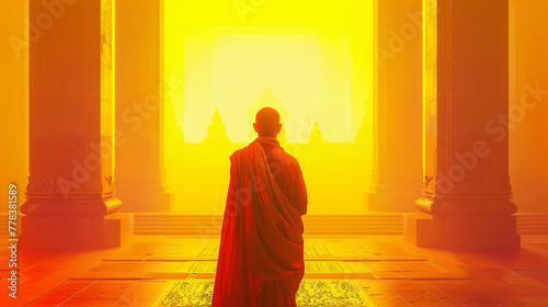 Buddhist monk standing in front of digital screen with binary code