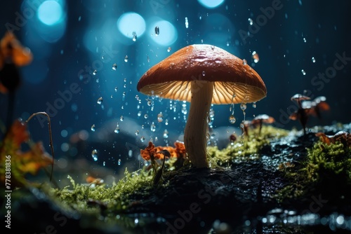 A mushroom is seen sitting atop a ground covered in lush green moss. Generative AI