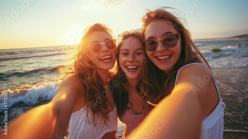 photograph of Young women on the beach taking selfie and laughing. sunset, realistic --ar 16:9 Job ID: 27e16a66-65df-4a37-b6ae-e5aaef55d8ba