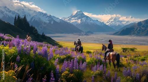 Travelers ride horses in lupine flower field, overlooking the beautiful landscape of Mt Cook National Park in New Zealand. Lupins hit full bloom in December to January which is summer of New Zealand.
