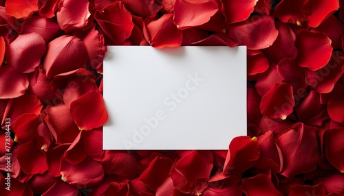 blank valentines day card in the center with rose petals background