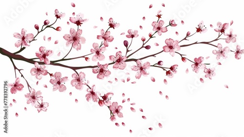  a branch of a blossoming cherry tree with pink flowers on it's branches, against a white background.