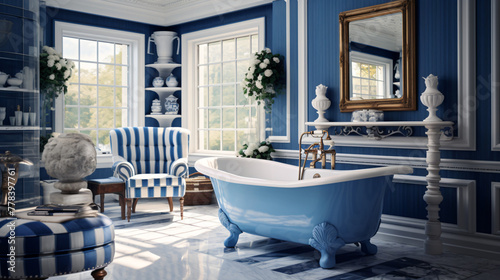 Blue and white bathroom white tub side