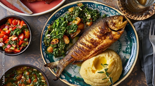 Discover the vibrant flavors of East Africa with ugali, a hearty cornmeal dough paired with succulent fish and savory greens.
