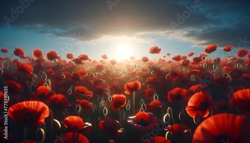 Realistic illustration for anzac day with the scene of a field of red poppies.