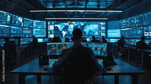 An advanced cybersecurity operations center, monitoring and defending against cyber threats with sophisticated threat detection and response capabilities.