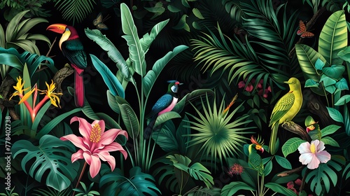 a colorful tropical plants and birds