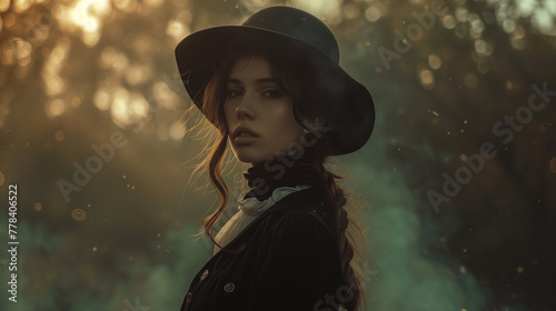 Portrait of a stunning girl in a vintage hat and outfit