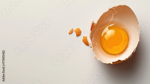 Cracked open egg shell containing a yellow yolk inside on a white background