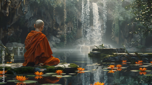 Monk meditates by waterfall in lotus pose in natural environment
