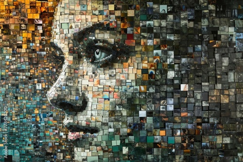 This photo showcases a close-up view of a face created using a mosaic of many differently colored squares, A mosaic made of miniature images representing bits of data on a NAS, AI Generated