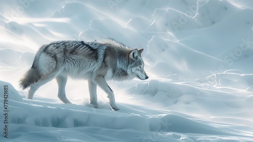 A lone wolf prowling the snow-covered slopes of an ice mountain, its fur ruffled by the chill wind as it searches for prey amidst the frozen landscape.