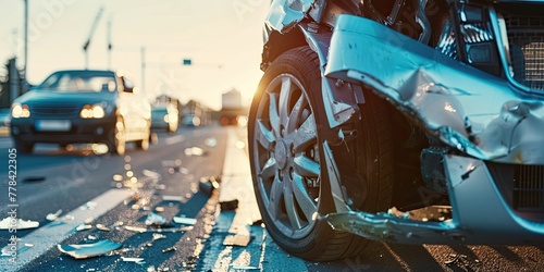 A serious car accident captured at sunset, with damaged vehicles and debris on an urban street.