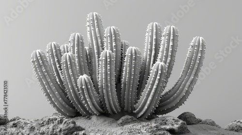  Monochrome image of a cactus perched atop a rocky outcrop against a leaden sky