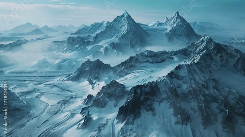 The rugged beauty of an ice mountain range captured from a bird's eye view, its peaks and valleys stretching out in a vast expanse of frozen wilderness as far as the eye can see.