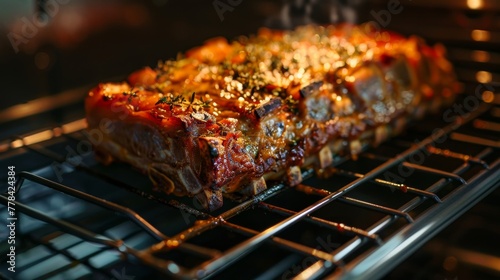 Succulent roasted meatloaf garnished with herbs on a grill in an oven