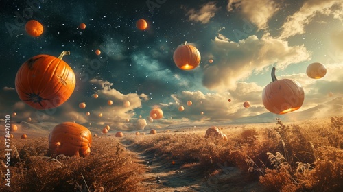 Surreal pumpkin patch with oversized pumpkins floating in a dreamlike, starlit sky.