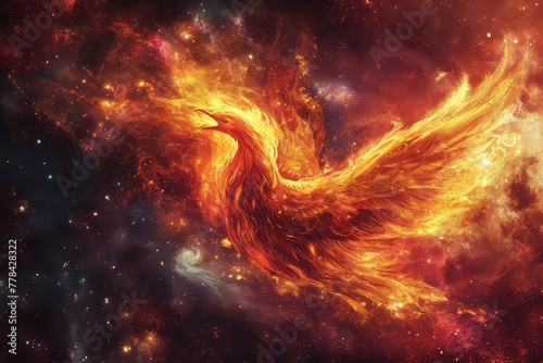 Phoenix rising from ashes against a cosmic backdrop. The mythical bird symbolizes rebirth and the opportunity to start afresh. The fiery feathers are intricately designed with warm tones.