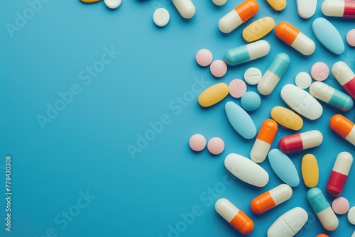 Top view colorful antibiotic capsule pills on blue background. Online pharmacy banner. World Health Day. Pharmaceutical industry. Prescription drugs