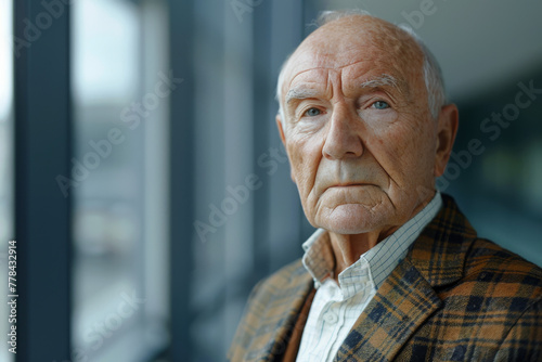 An older man in a plaid jacket looks out a window