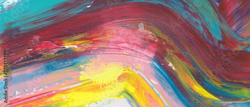 Fondo abstracto de colores vibrantes. Recurso creativo de pintura formando ondas abstractas de colores. Colores verdes, amarillos y rojos