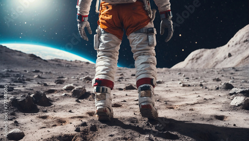 Rear view legs of an astronaut walking on the surface
