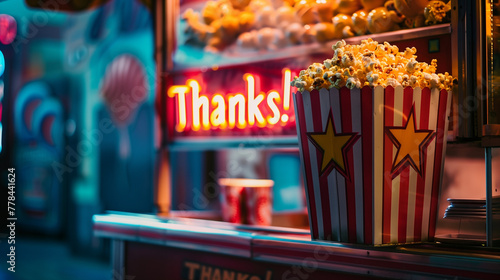Vintage-style concession stand with freshly popped popcorn and vibrant Thanks!