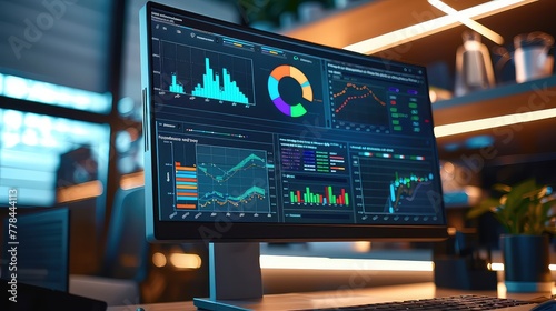 Interacting technology digital screens displaying various data, charts, and graphs, information and global environmental trends. ecofriendly, blue tone